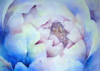 Aquarellbild einer abstrahierten Pfingstrose in Blau- und Rosatönen